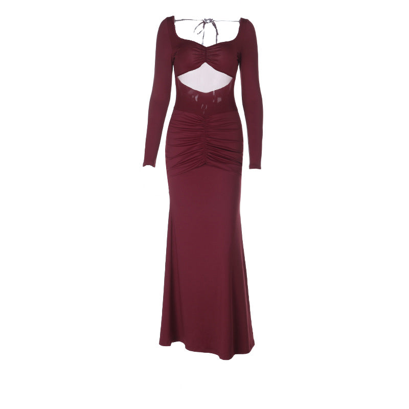 Alluring Wine Red Maxi Dress - Elegant Long Sleeve Cut-Out Ruched Gown for Fall & Holiday Parties