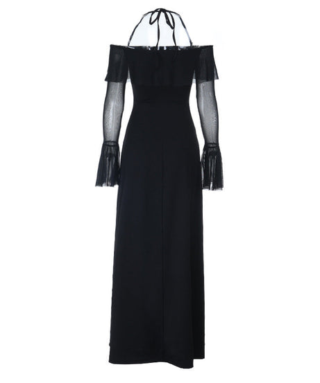 Bewitching Black Off-Shoulder Maxi Dress with Sheer Bell Sleeves - Elegant Fall & Holiday Party Style