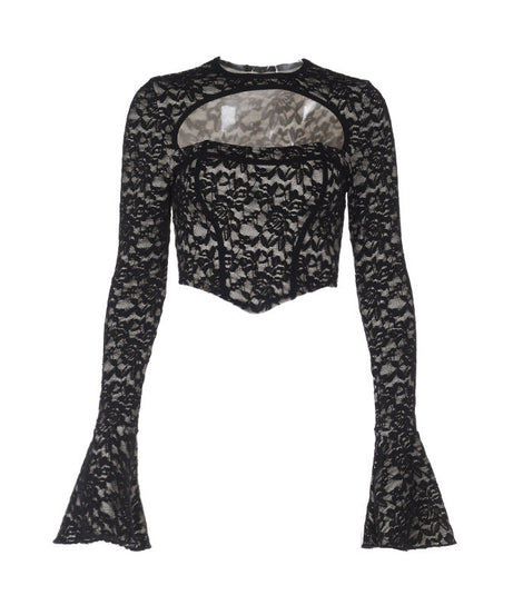 Chic Black Lace Corset Crop Top with Flared Bell Sleeves & Daring Cutout – Fall & Holiday Party Ready