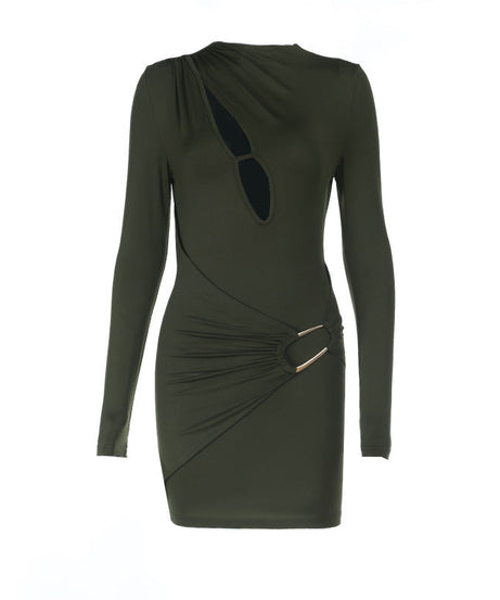 Chic Fall Nights: Olive Green Cut-Out Ruched Bodycon Mini Dress with Gold Accent