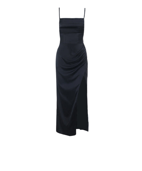 Effortlessly Chic Black Satin Slip Maxi Dress with High Slit & Ruching – Your Holiday Party & Special Occasion Essential