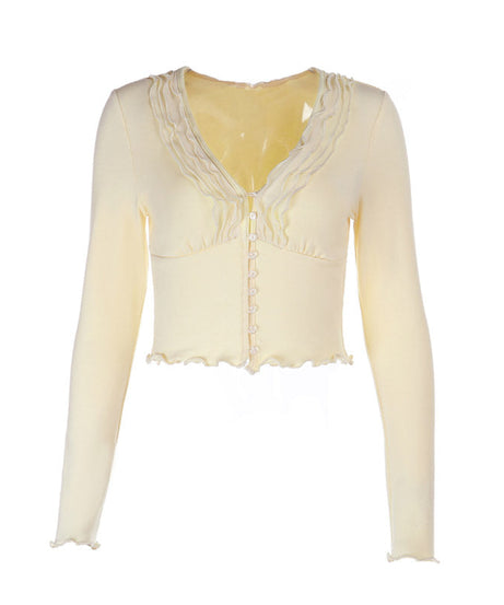 Cozy Fall Chic: Dainty Ruffle V-Neck Button-Front Cropped Top | Buttermilk Bliss