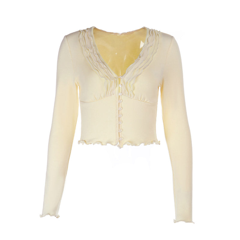 Cozy Fall Chic: Dainty Ruffle V-Neck Button-Front Cropped Top | Buttermilk Bliss