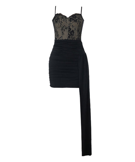 Sultry Black Lace Ruched Mini Dress with Asymmetrical Drape - Fall & Holiday Party Ready