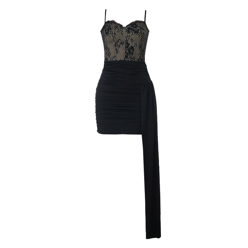 Sultry Black Lace Ruched Mini Dress with Asymmetrical Drape - Fall & Holiday Party Ready