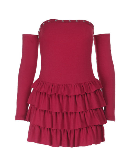 Bewitching Wine Red Off-Shoulder Long Sleeve Ruffle Mini Dress with Eyelet Detail