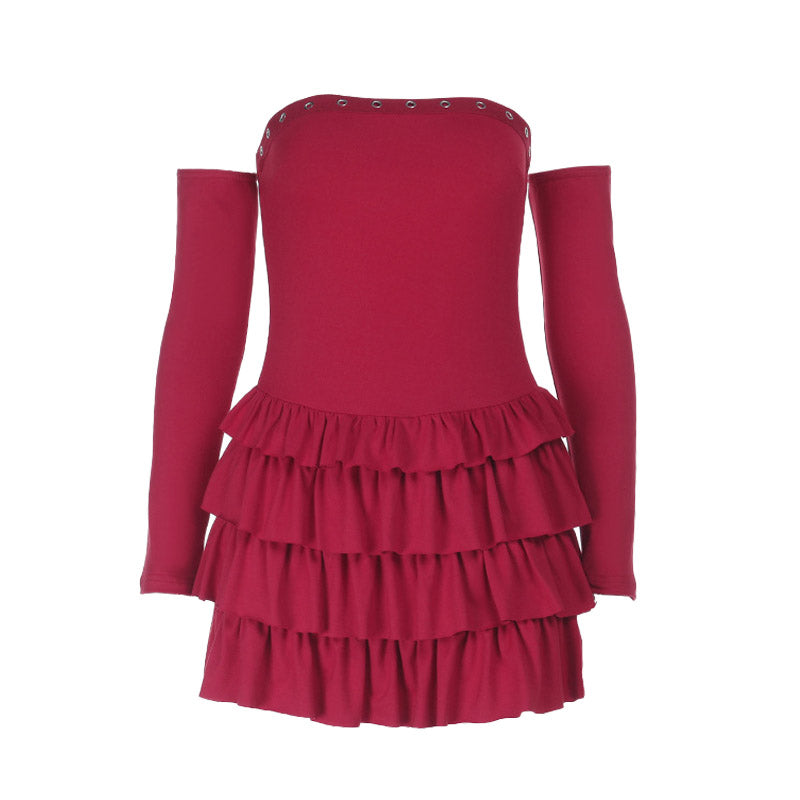 Bewitching Wine Red Off-Shoulder Long Sleeve Ruffle Mini Dress with Eyelet Detail