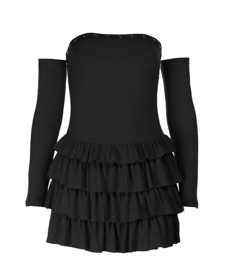 Bewitching Wine Red Off-Shoulder Long Sleeve Ruffle Mini Dress with Eyelet Detail