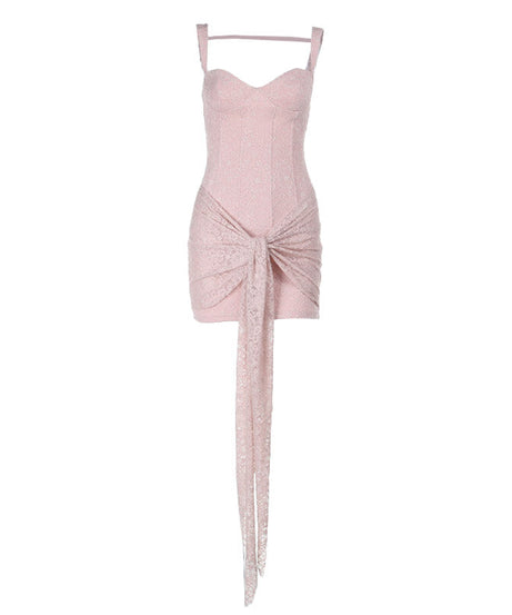 Chic Blush Lace Bustier Mini Dress with Draped Tie - Your Fall & Holiday Event Essential