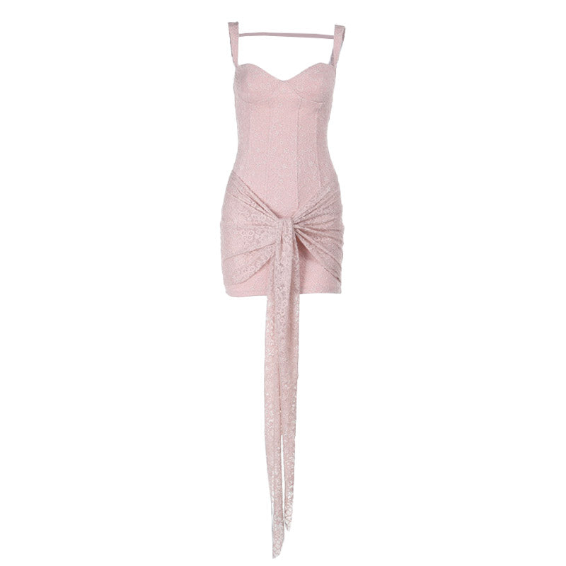 Chic Blush Lace Bustier Mini Dress with Draped Tie - Your Fall & Holiday Event Essential
