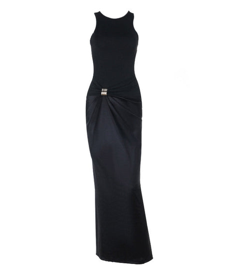 Elegant Black Bodycon Ruched Maxi Dress with Chic Buckle – Perfect for Fall & Holiday Occasions