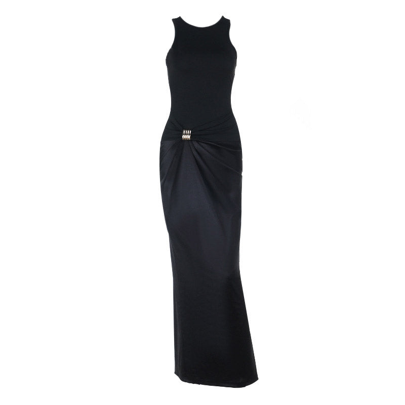 Elegant Black Bodycon Ruched Maxi Dress with Chic Buckle – Perfect for Fall & Holiday Occasions