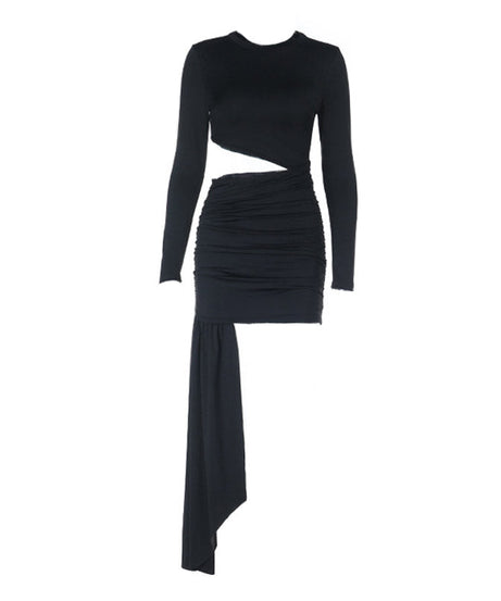 Show-Stopping Black Cut-Out Ruched Mini Dress | Draped Asymmetrical Hem for Fall & Holiday Parties