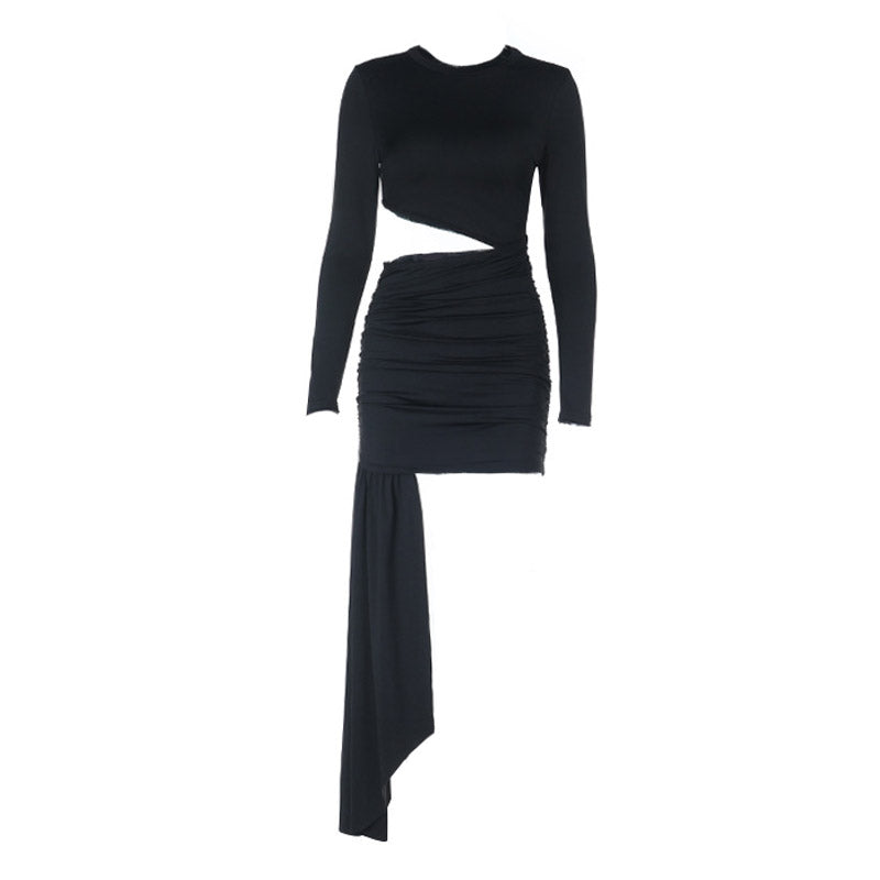 Show-Stopping Black Cut-Out Ruched Mini Dress | Draped Asymmetrical Hem for Fall & Holiday Parties
