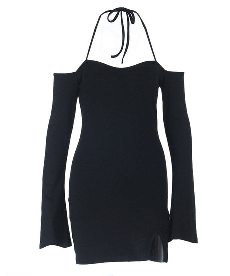 Fall Nights Out: Black Halter Off-Shoulder Long Sleeve Mini Dress with Slit | Chic & Flattering