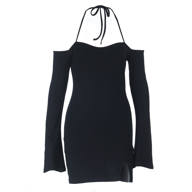 Fall Nights Out: Black Halter Off-Shoulder Long Sleeve Mini Dress with Slit | Chic & Flattering
