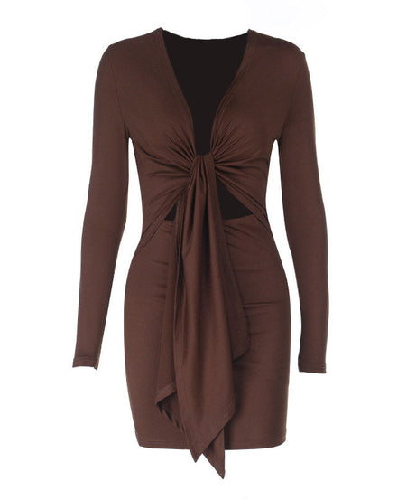 Fall Nights Out: Chic Brown Knot Front Long Sleeve Mini Dress - Deep V & Cutouts