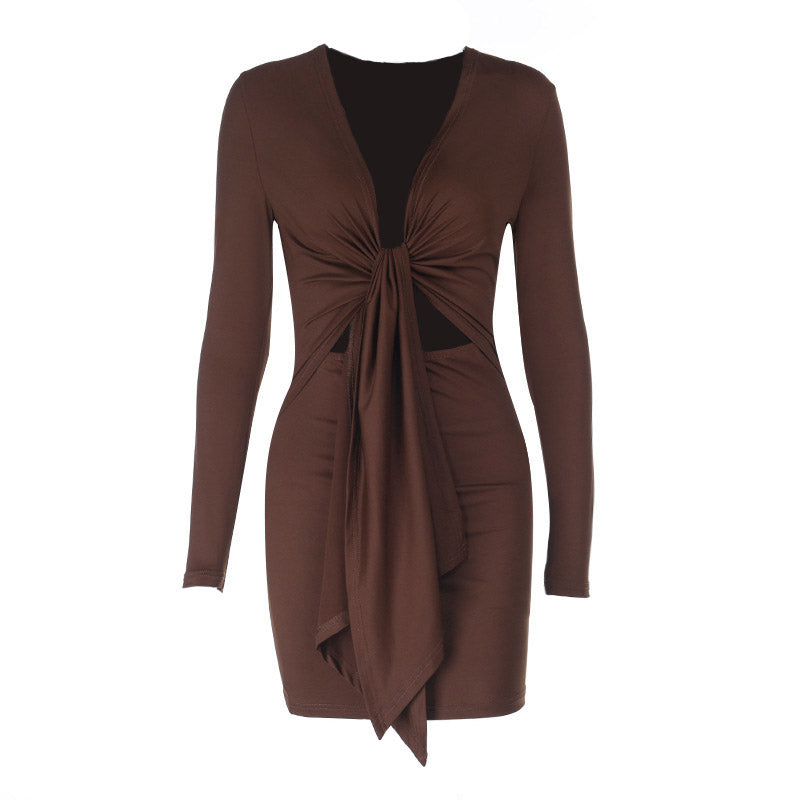 Fall Nights Out: Chic Brown Knot Front Long Sleeve Mini Dress - Deep V & Cutouts