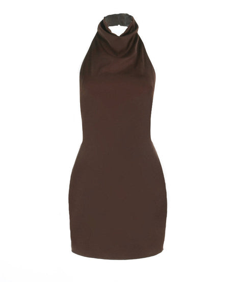 Sculpting Chocolate Halter Backless Mini Dress – Fall Party & Date Night Ready