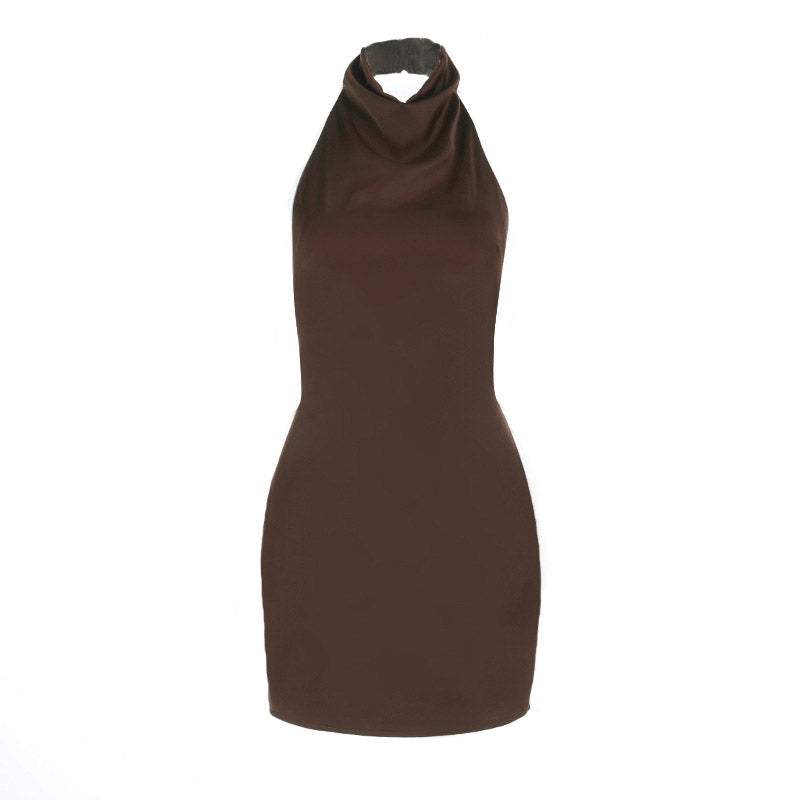 Sculpting Chocolate Halter Backless Mini Dress – Fall Party & Date Night Ready