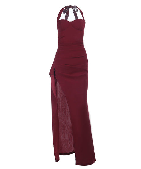 Stunning Burgundy Halter Maxi Dress with High Slit & Ruched Detail – Your Perfect Fall & Holiday Party Statement