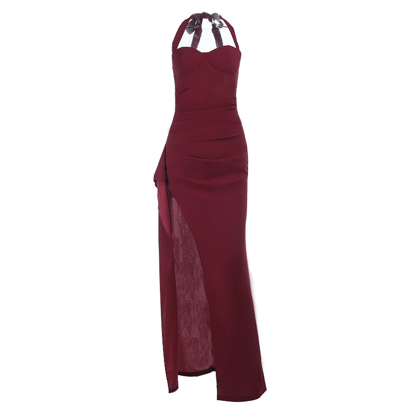 Stunning Burgundy Halter Maxi Dress with High Slit & Ruched Detail – Your Perfect Fall & Holiday Party Statement