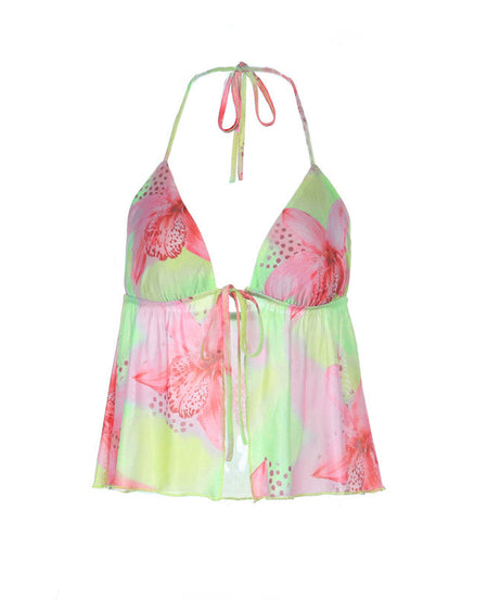 Vibrant Tropical Bloom Halter Top - Self-Tie & Backless for Resort & Spring/Summer 2026