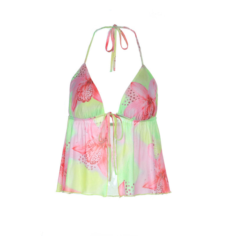 Vibrant Tropical Bloom Halter Top - Self-Tie & Backless for Resort & Spring/Summer 2026