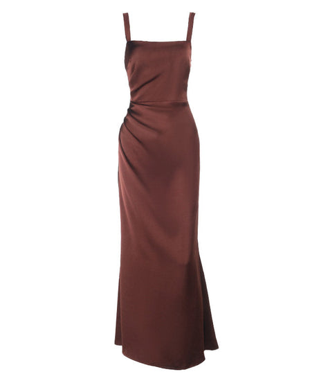 Elegant Bronze Satin Ruched Maxi Gown - Perfect for Fall & Holiday Events