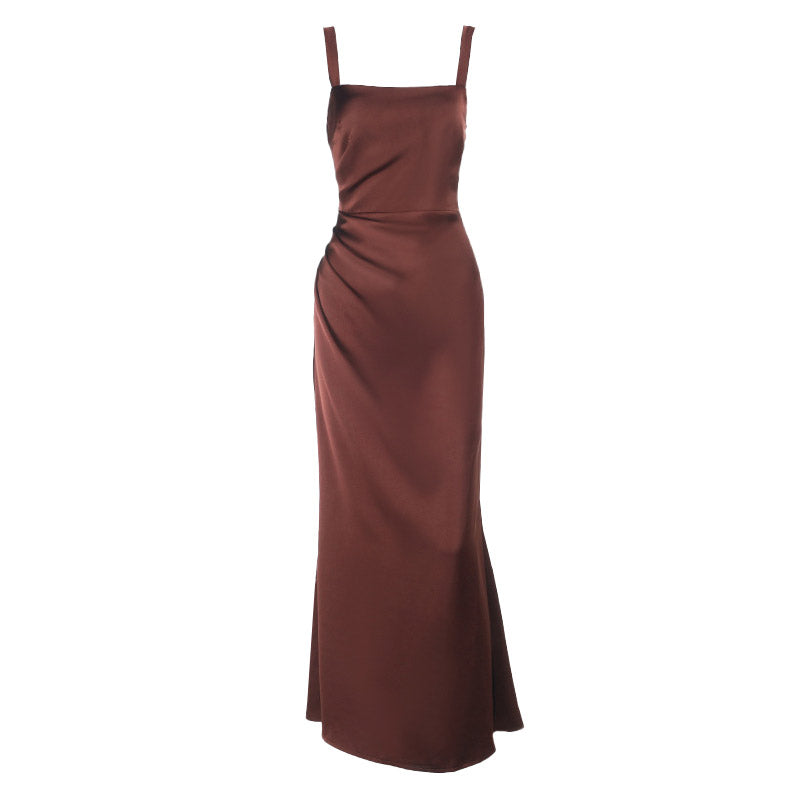 Elegant Bronze Satin Ruched Maxi Gown - Perfect for Fall & Holiday Events