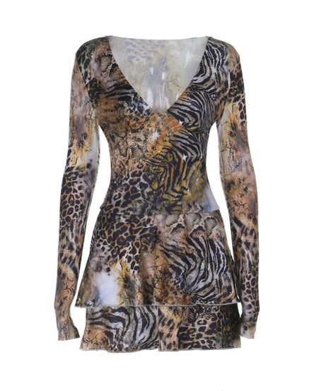 Fierce Fall Fashion: V-Neck Long Sleeve Mixed Animal Print Ruffle Mini Dress