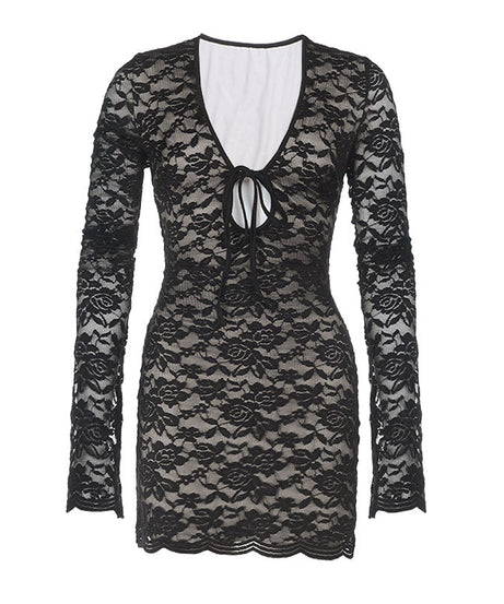 Sultry Black Lace Tie-Front Bodycon Mini Dress - Your Halloween & Fall Party Essential
