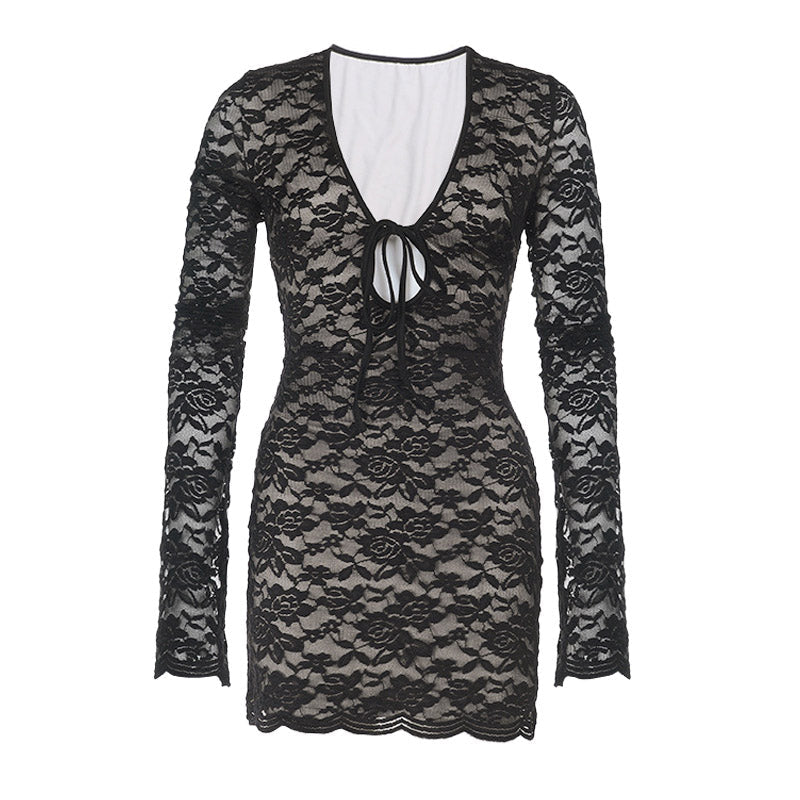 Sultry Black Lace Tie-Front Bodycon Mini Dress - Your Halloween & Fall Party Essential