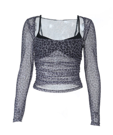 Chic Leopard Print Mesh Ruched Long Sleeve Top | Fall Fashion & Layering Must-Have