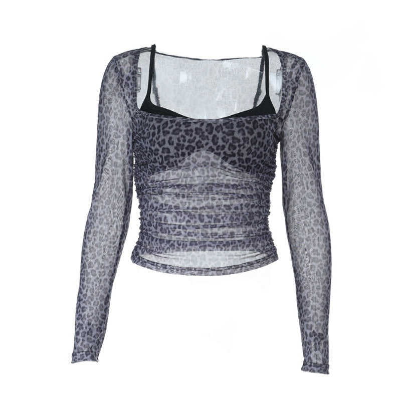 Chic Leopard Print Mesh Ruched Long Sleeve Top | Fall Fashion & Layering Must-Have