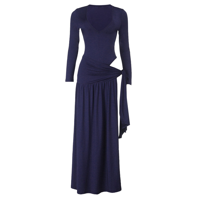 Effortless Fall Elegance: Navy Draped Cutout Long Sleeve Maxi Dress | Holiday Ready V-Neck