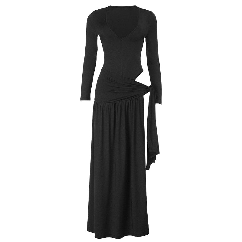 Effortless Fall Elegance: Navy Draped Cutout Long Sleeve Maxi Dress | Holiday Ready V-Neck