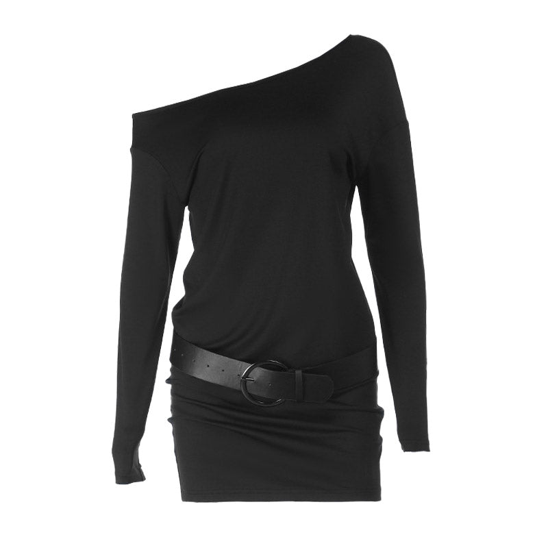 Chic One-Shoulder Long Sleeve Mini Dress with Belt - Your Go-To Fall & Holiday Party Essential