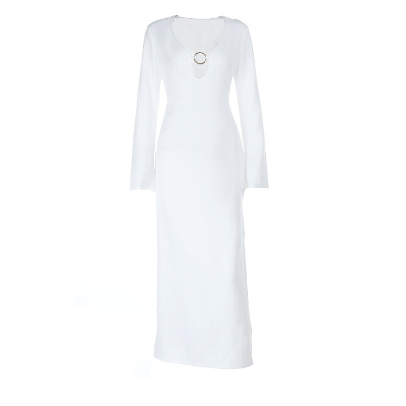 Winter White O-Ring V-Neck Long Sleeve Maxi Dress | Chic Fall & Holiday Essential