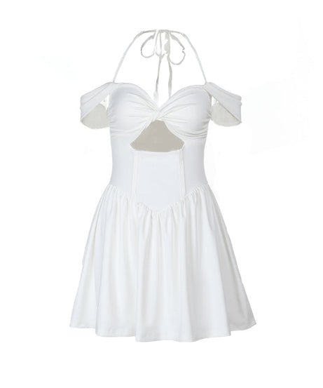 Chic White Halter Off-Shoulder Mini Dress - Trendy Cut-Out for Fall Getaways & Parties
