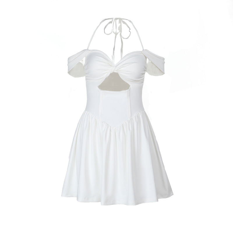 Chic White Halter Off-Shoulder Mini Dress - Trendy Cut-Out for Fall Getaways & Parties