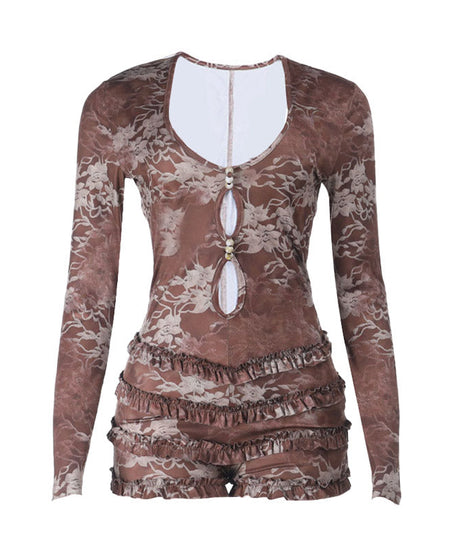Autumn Romance Long Sleeve Romper - Chic Floral Lace with Pearl Keyhole & Ruffle Shorts
