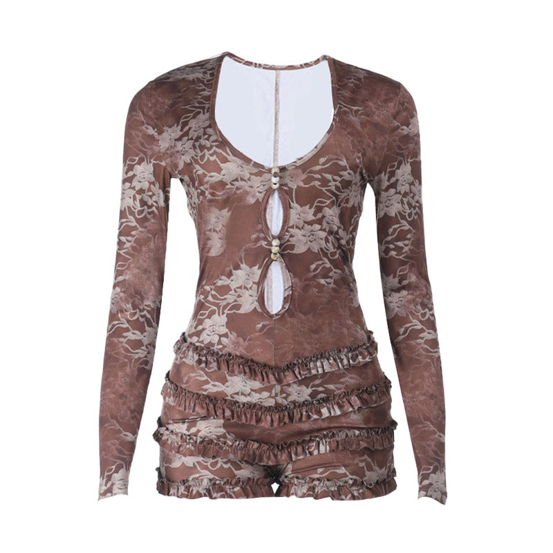 Autumn Romance Long Sleeve Romper - Chic Floral Lace with Pearl Keyhole & Ruffle Shorts