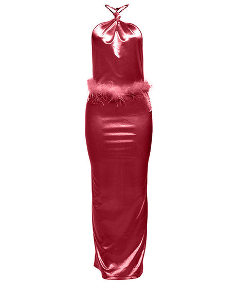 Glamorous Pink Feather Trim Halter Maxi Dress - Your Go-To for Holiday Parties & Elegant Evenings
