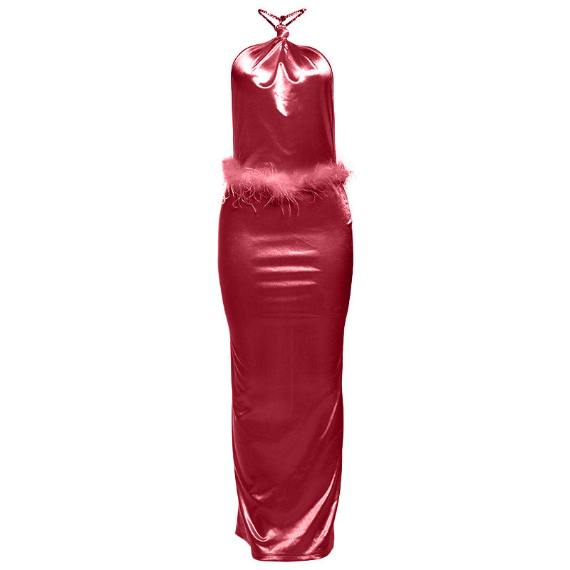Glamorous Pink Feather Trim Halter Maxi Dress - Your Go-To for Holiday Parties & Elegant Evenings