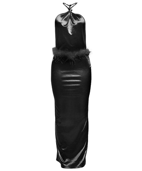 Glamorous Pink Feather Trim Halter Maxi Dress - Your Go-To for Holiday Parties & Elegant Evenings