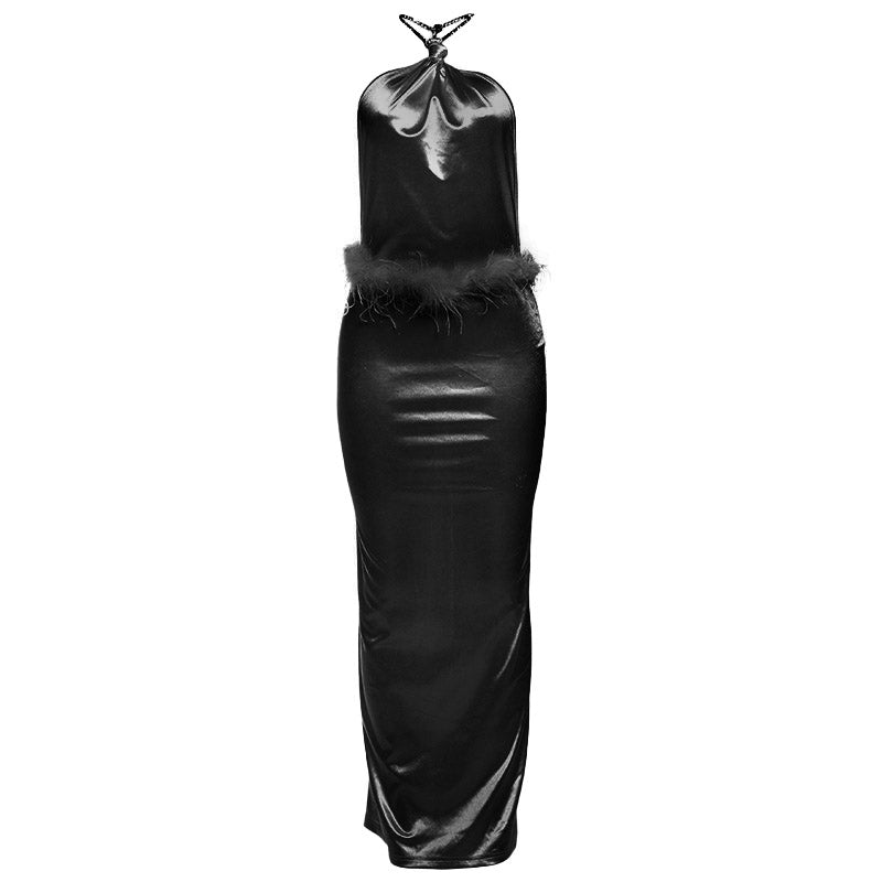 Glamorous Pink Feather Trim Halter Maxi Dress - Your Go-To for Holiday Parties & Elegant Evenings