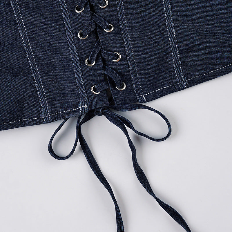 Trendy Dark Wash Denim Corset Top | Strapless Lace-Up Bustier for Fall Style