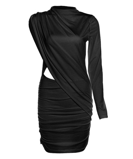 Daring Asymmetric Cutout Ruched Mini Dress - Chic Long Sleeve Bodycon for Fall Parties