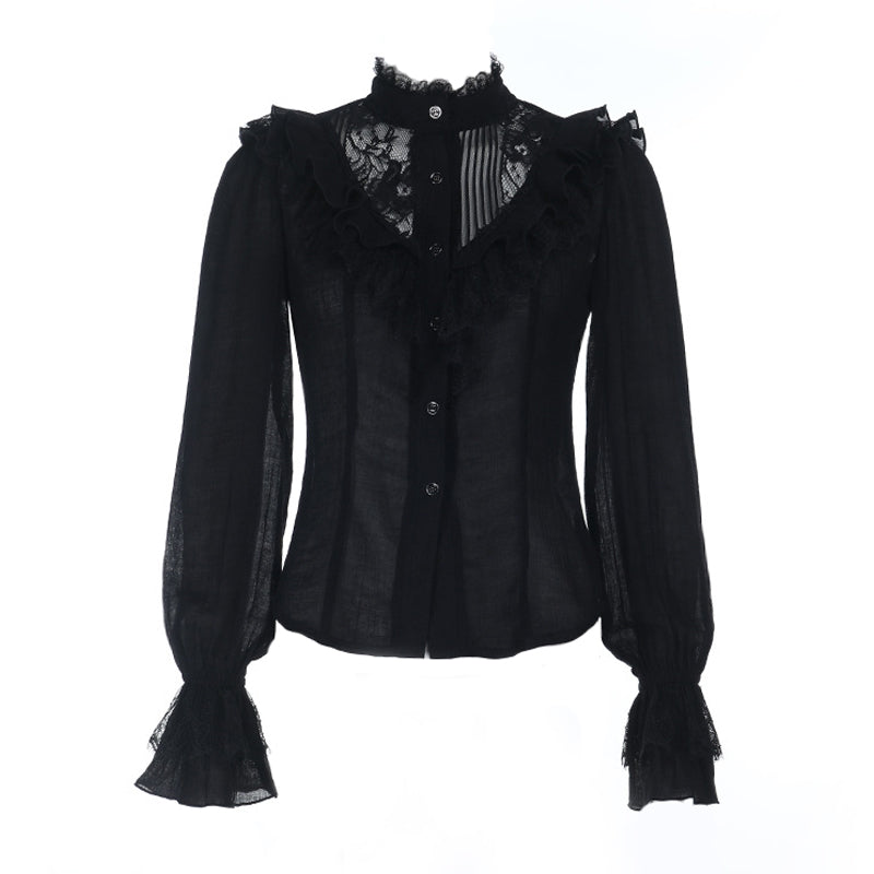 Black Victorian Gothic Lace Ruffle Blouse | Enchanting Fall & Halloween Top